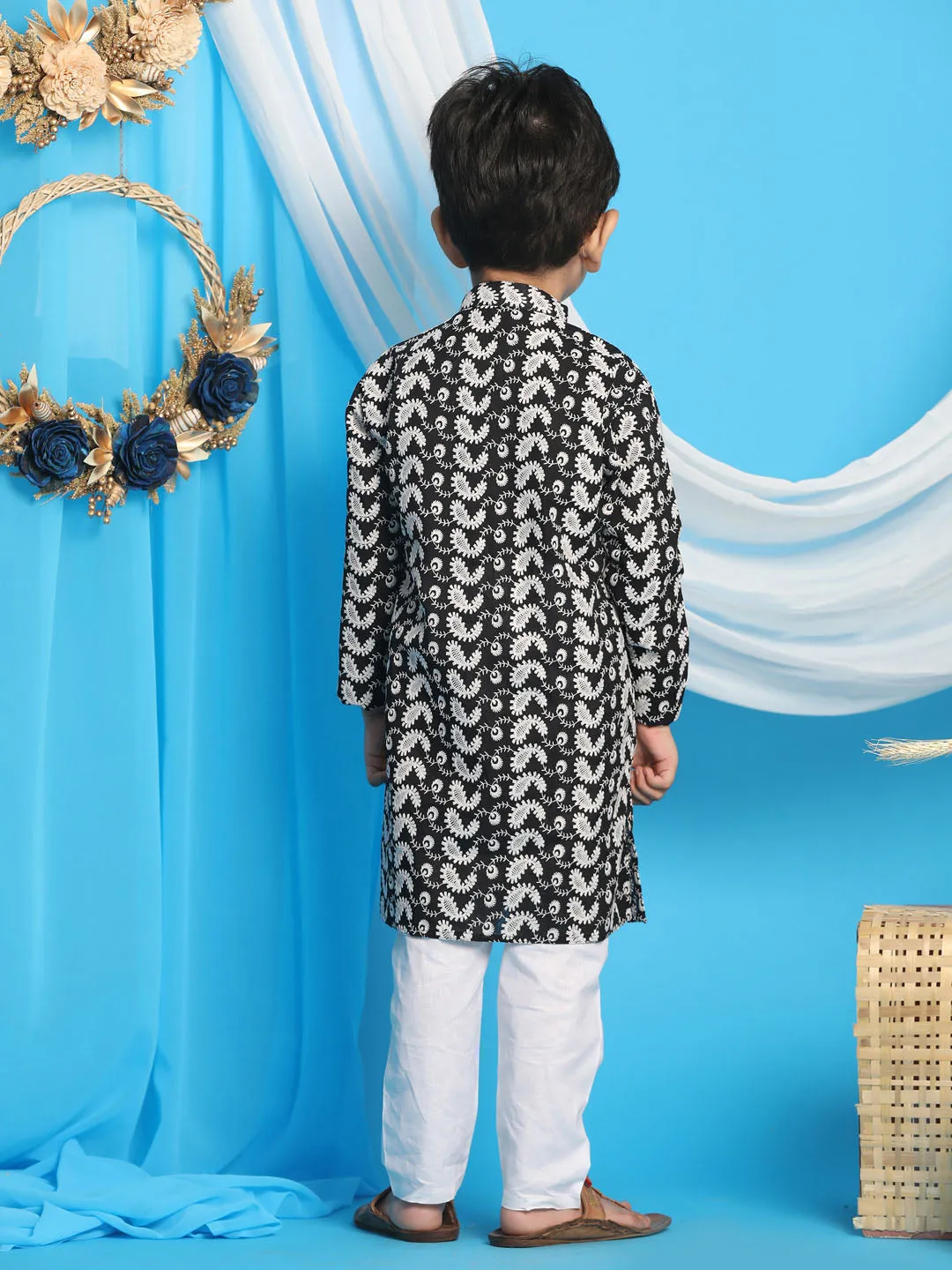 Boy's Black And White Kurta Pyjama Set - Vastramay Boys