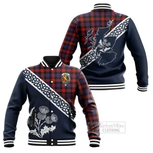 Brown (Broun) Tartan Baseball Jacket Featuring Thistle and Scotland Map