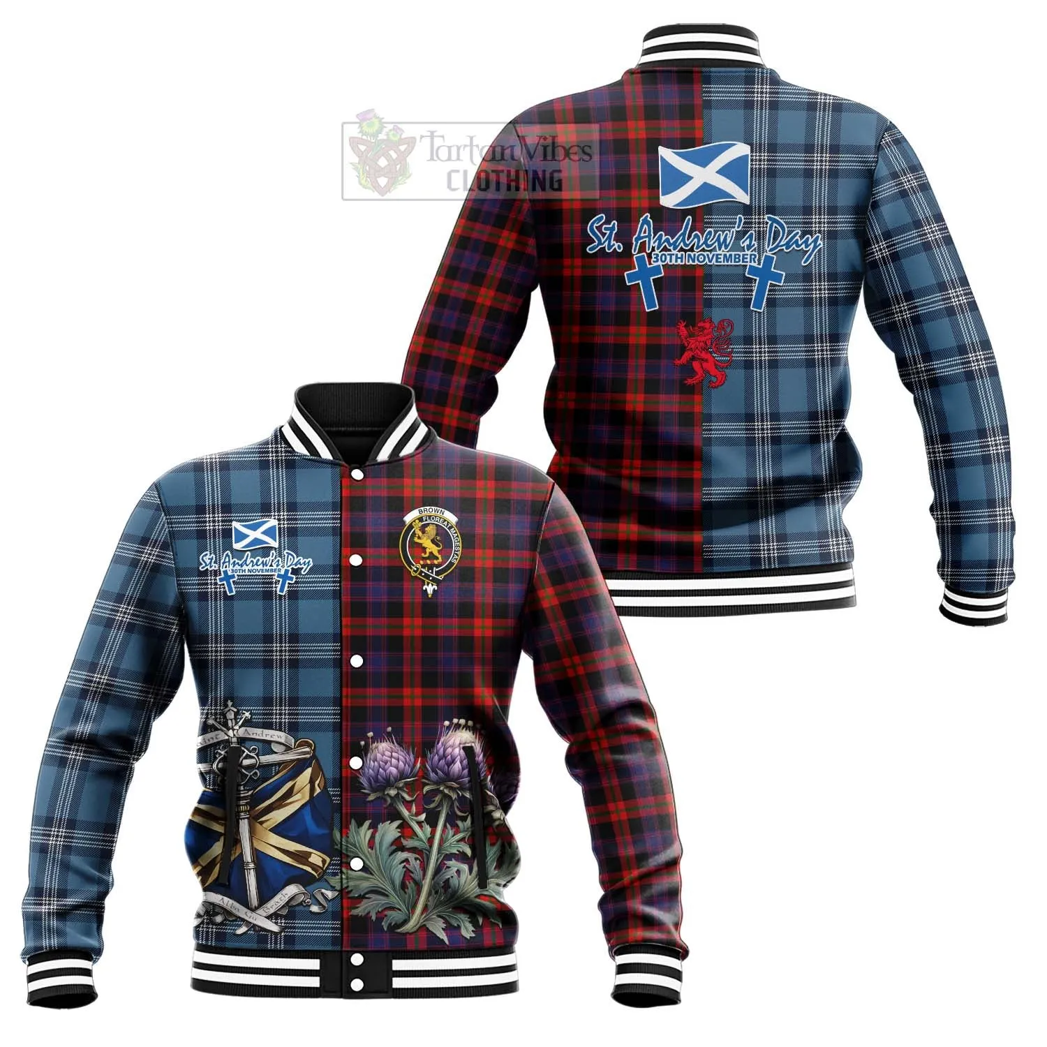 Brown (Broun) Tartan Baseball Jacket Happy St. Andrew's Day Half Tartan Style
