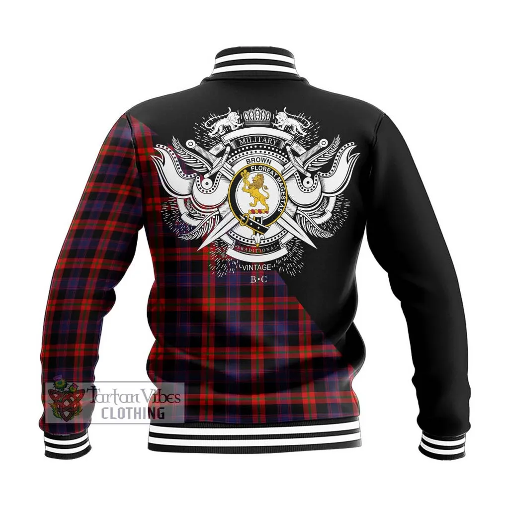 Brown (Broun) Tartan Baseball Jacket with Family Crest and Military Logo Style