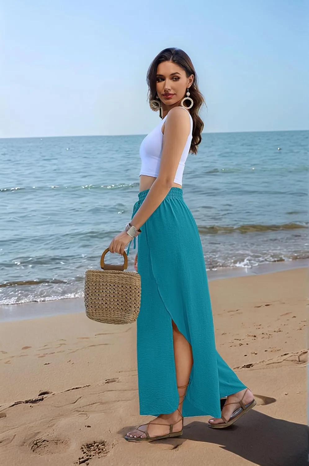 Bsubseach Cover Up Pants for Women 2025 Wide Leg Pants High Waisted Palazzo Beach Coverup Flowy Pant with Slits Trousers