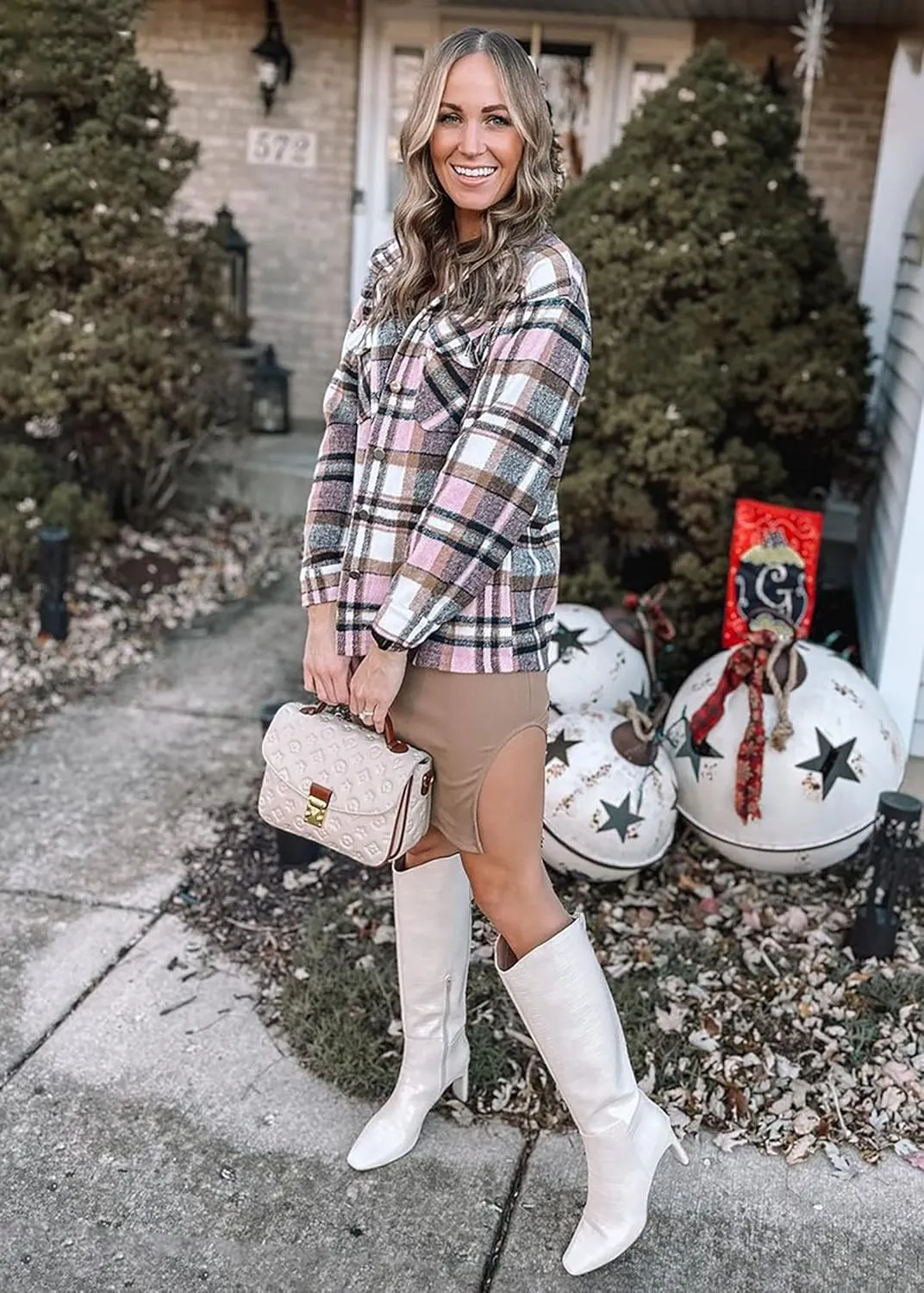 BTFBM Womens Plaid Jacket Long Sleeve Button Down Casual Flannel Shacket Shirts Loose Fall Spring Blouses Tops 2025