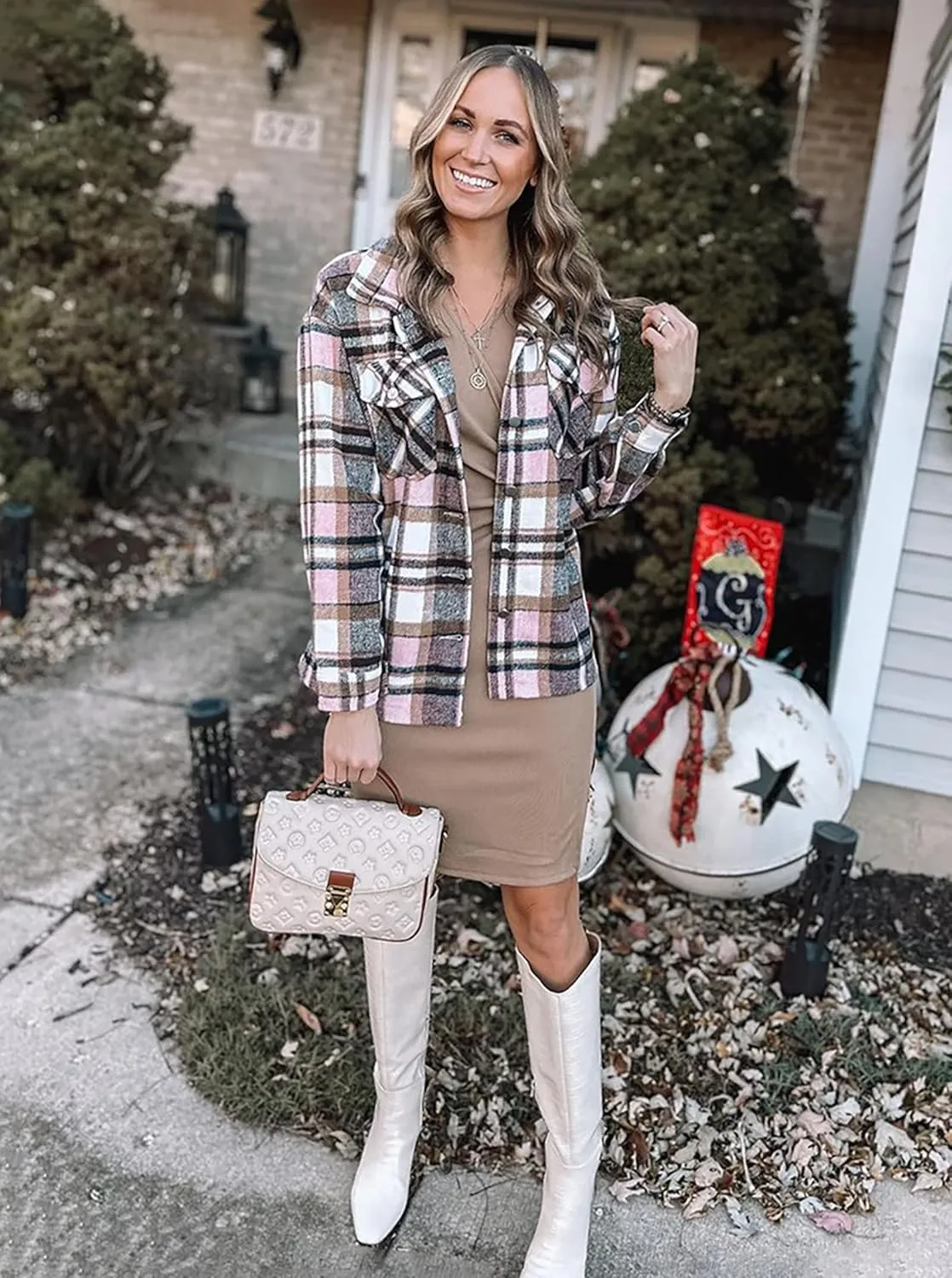BTFBM Womens Plaid Jacket Long Sleeve Button Down Casual Flannel Shacket Shirts Loose Fall Spring Blouses Tops 2025
