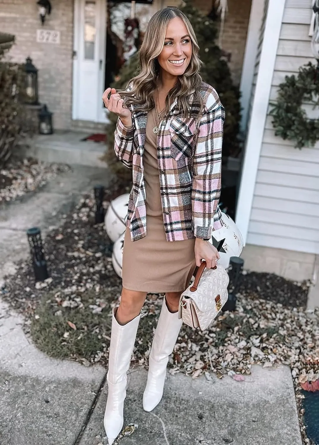 BTFBM Womens Plaid Jacket Long Sleeve Button Down Casual Flannel Shacket Shirts Loose Fall Spring Blouses Tops 2025
