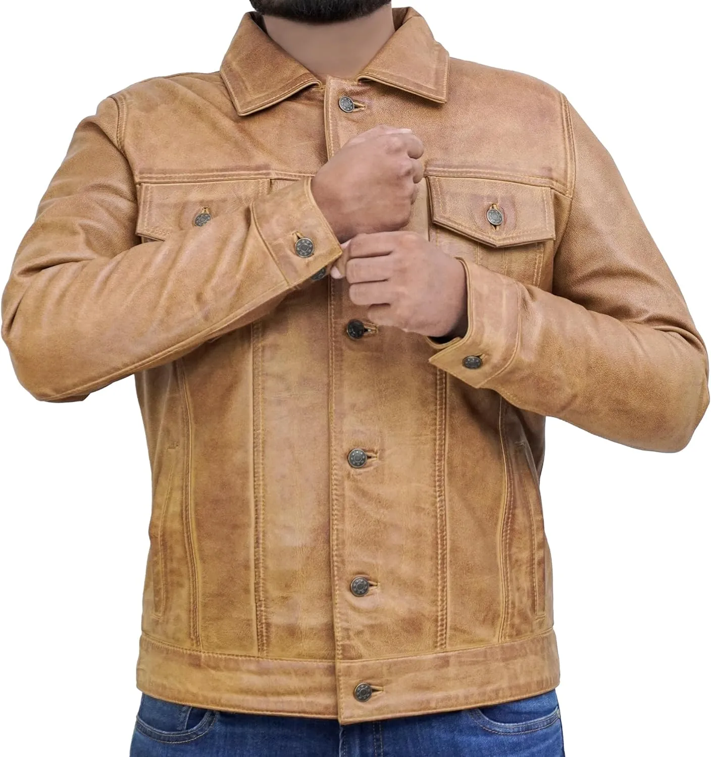 Casual Real Lambskin Vintage Style Outwear Mens Leather Jackets - Turn Down Collar Leather Trucker Jacket Men