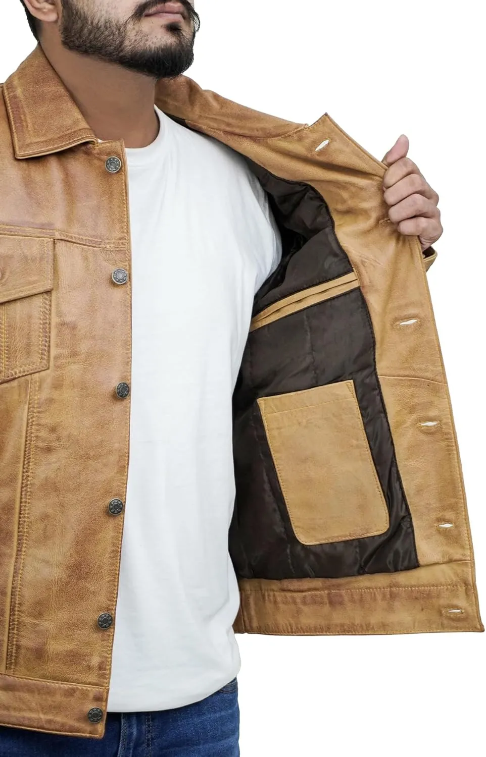Casual Real Lambskin Vintage Style Outwear Mens Leather Jackets - Turn Down Collar Leather Trucker Jacket Men