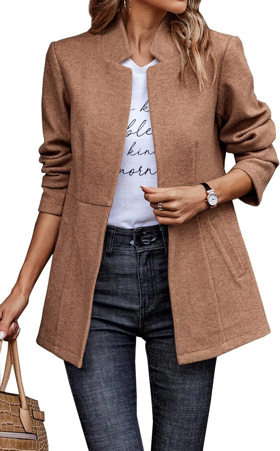 CCTOO Women's Coat Casual Open Front Blazer Long Sleeve Stand Collar Solid Trench Business Work Office Jacket Outwear