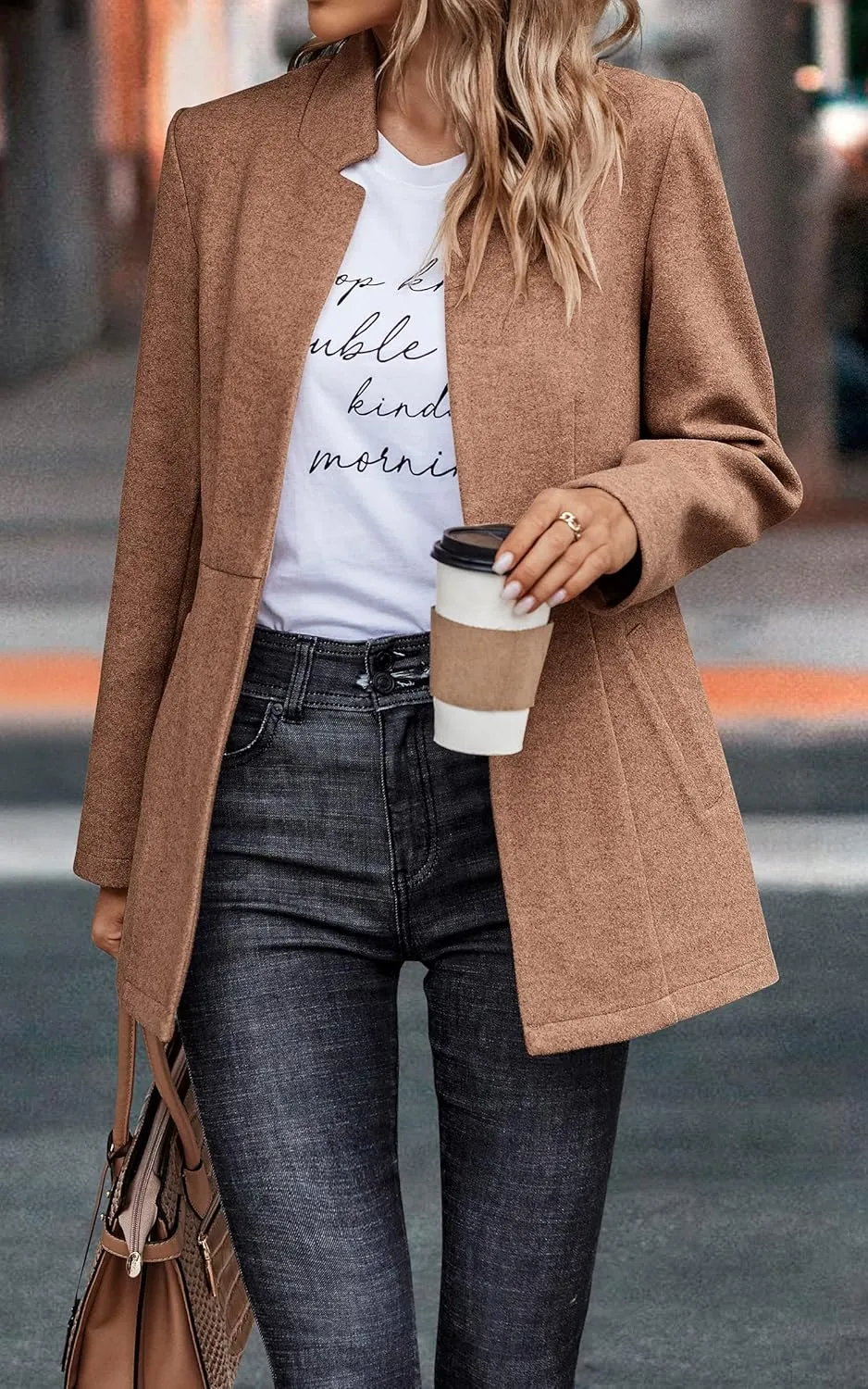 CCTOO Women's Coat Casual Open Front Blazer Long Sleeve Stand Collar Solid Trench Business Work Office Jacket Outwear