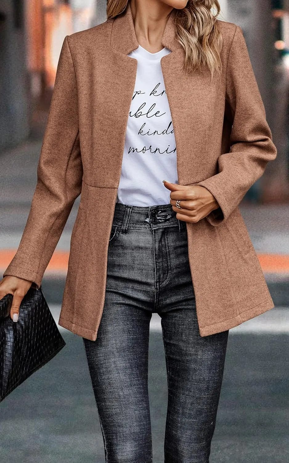 CCTOO Women's Coat Casual Open Front Blazer Long Sleeve Stand Collar Solid Trench Business Work Office Jacket Outwear