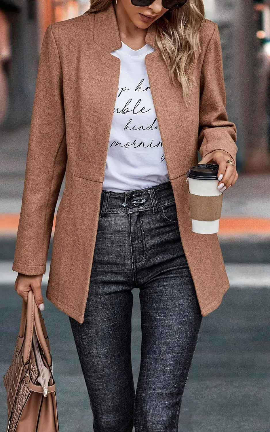 CCTOO Women's Coat Casual Open Front Blazer Long Sleeve Stand Collar Solid Trench Business Work Office Jacket Outwear