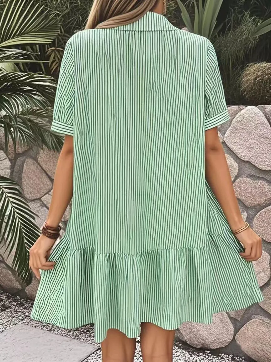 chouyatou Women's Summer Striped Short Sleeve Polo Shirt Dress Button Up Ruffle Hem Tunic Mini Dress with Pockets
