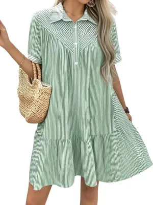 chouyatou Women's Summer Striped Short Sleeve Polo Shirt Dress Button Up Ruffle Hem Tunic Mini Dress with Pockets