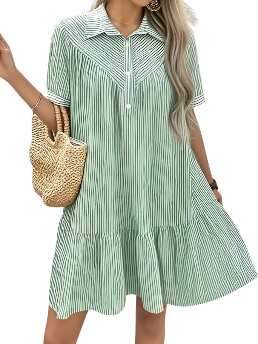 chouyatou Women's Summer Striped Short Sleeve Polo Shirt Dress Button Up Ruffle Hem Tunic Mini Dress with Pockets