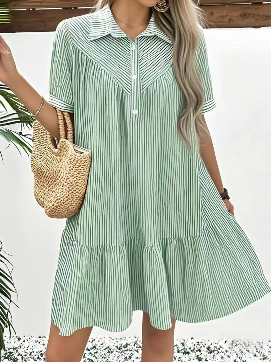 chouyatou Women's Summer Striped Short Sleeve Polo Shirt Dress Button Up Ruffle Hem Tunic Mini Dress with Pockets