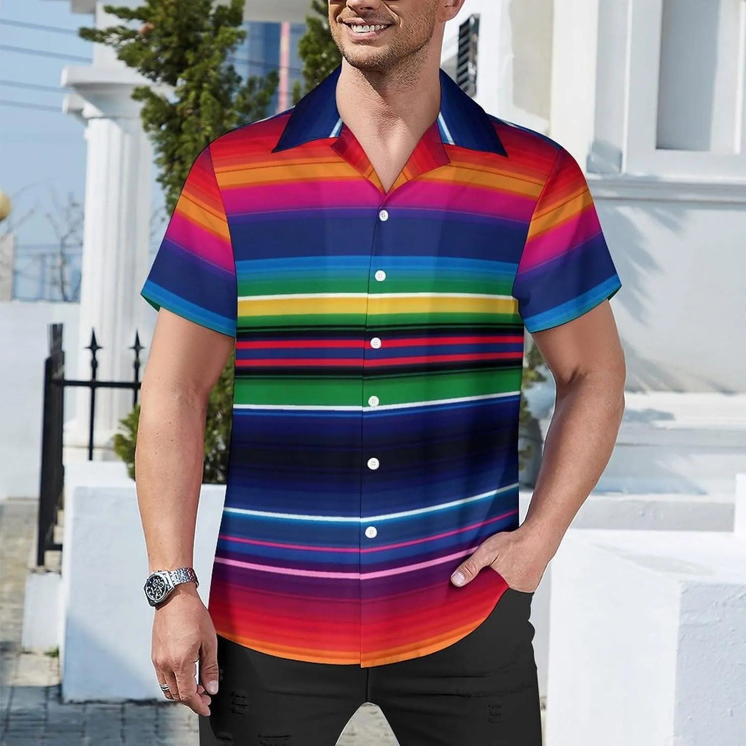 Colorful Mexican Stripes Print Cuban Collar Shirt Classic Design for Comfort and Style
