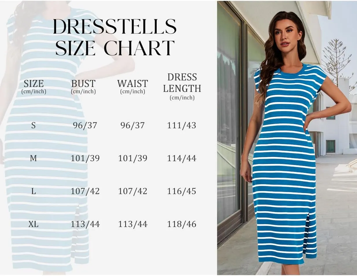 DRESSTELLS Women Summer Casual Striped Dresses, Knit Crew Neck Sleeveless Slit Hem Color Block Loose Midi Beach Dress