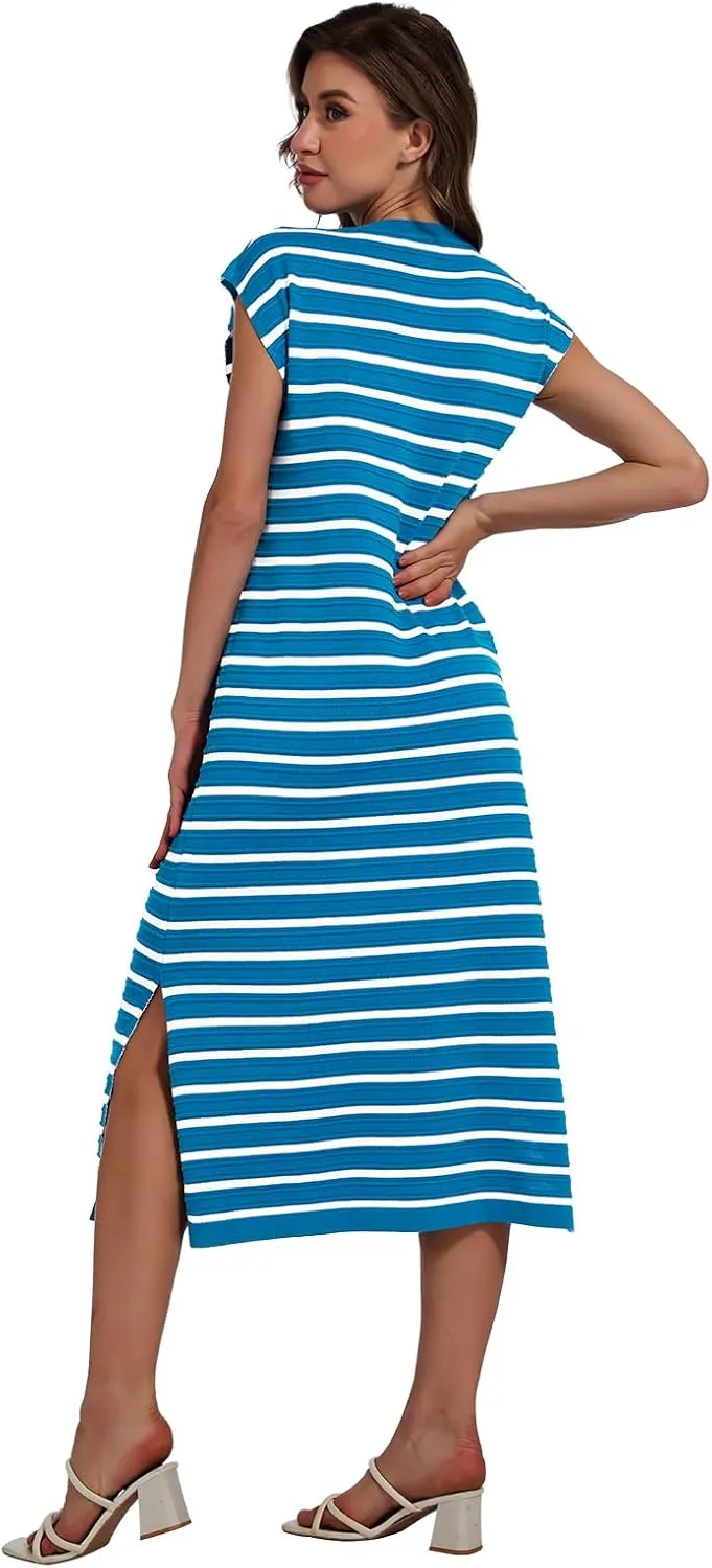 DRESSTELLS Women Summer Casual Striped Dresses, Knit Crew Neck Sleeveless Slit Hem Color Block Loose Midi Beach Dress