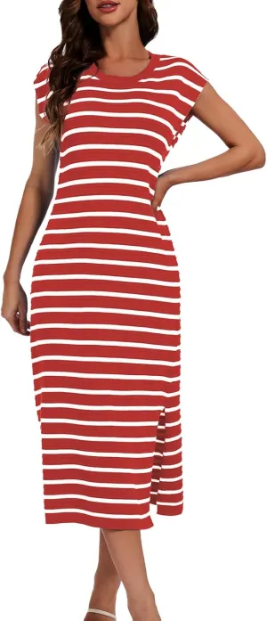 DRESSTELLS Women Summer Casual Striped Dresses, Knit Crew Neck Sleeveless Slit Hem Color Block Loose Midi Beach Dress