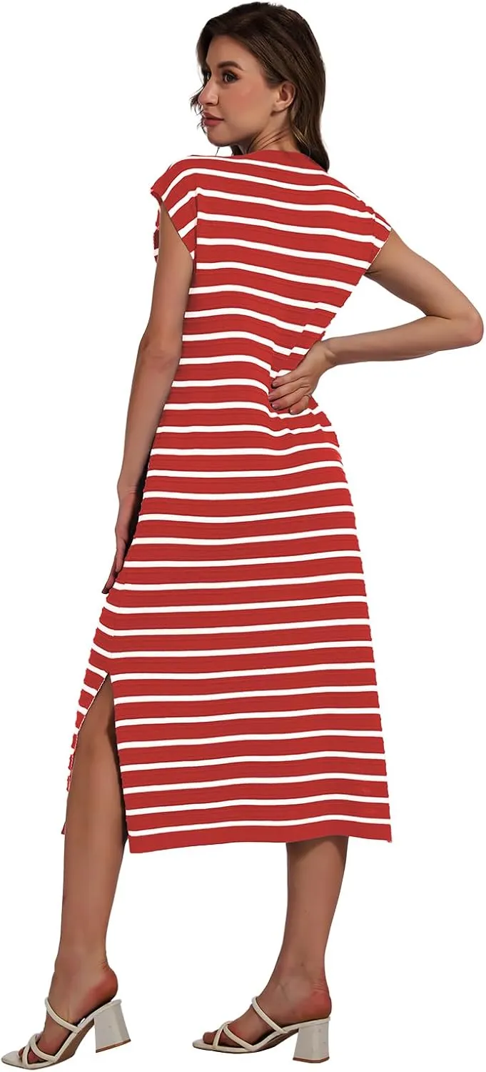 DRESSTELLS Women Summer Casual Striped Dresses, Knit Crew Neck Sleeveless Slit Hem Color Block Loose Midi Beach Dress