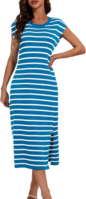 DRESSTELLS Women Summer Casual Striped Dresses, Knit Crew Neck Sleeveless Slit Hem Color Block Loose Midi Beach Dress