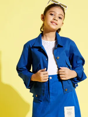 Girls Blue Front Button Twill Jacket - Lyush Kids