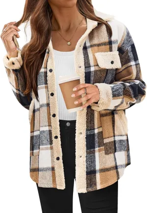 HOTOUCH Womens Flannel Plaid Shacket Jacket Long Sleeve Button Down Fleece Pocketed Jackets Fall Winter Warm Coat, S Brown