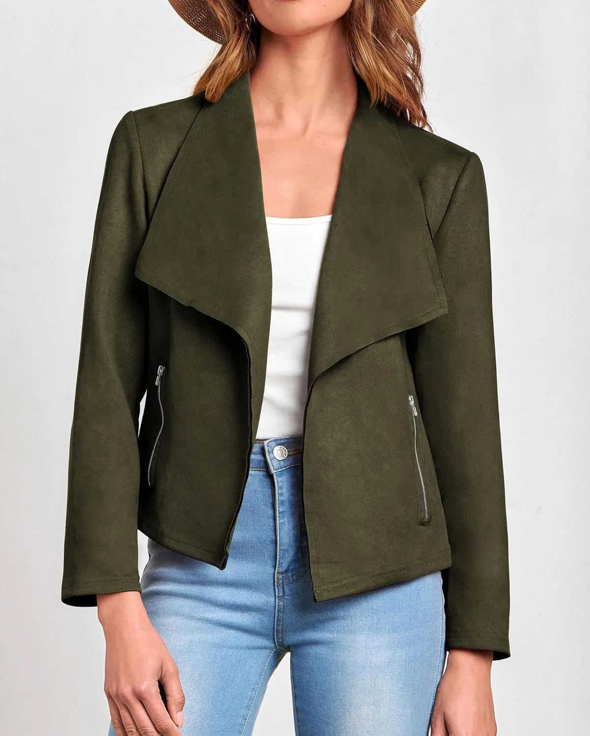 KIRUNDO Womens Fashion Faux Suede Jacket 2024 Fall Winter Casual Long Sleeve Open Front Bomber Cropped Coat Outerwear