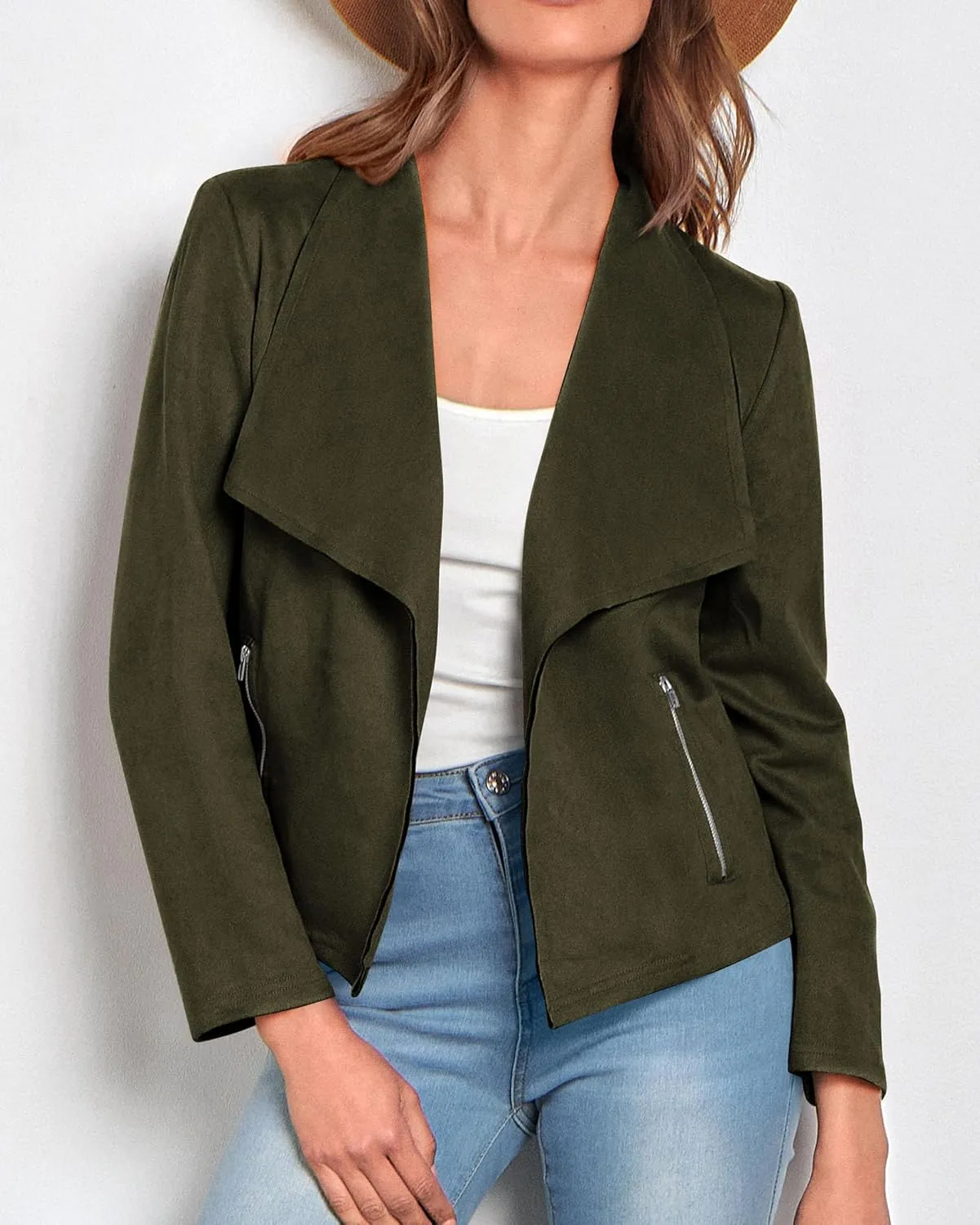 KIRUNDO Womens Fashion Faux Suede Jacket 2024 Fall Winter Casual Long Sleeve Open Front Bomber Cropped Coat Outerwear