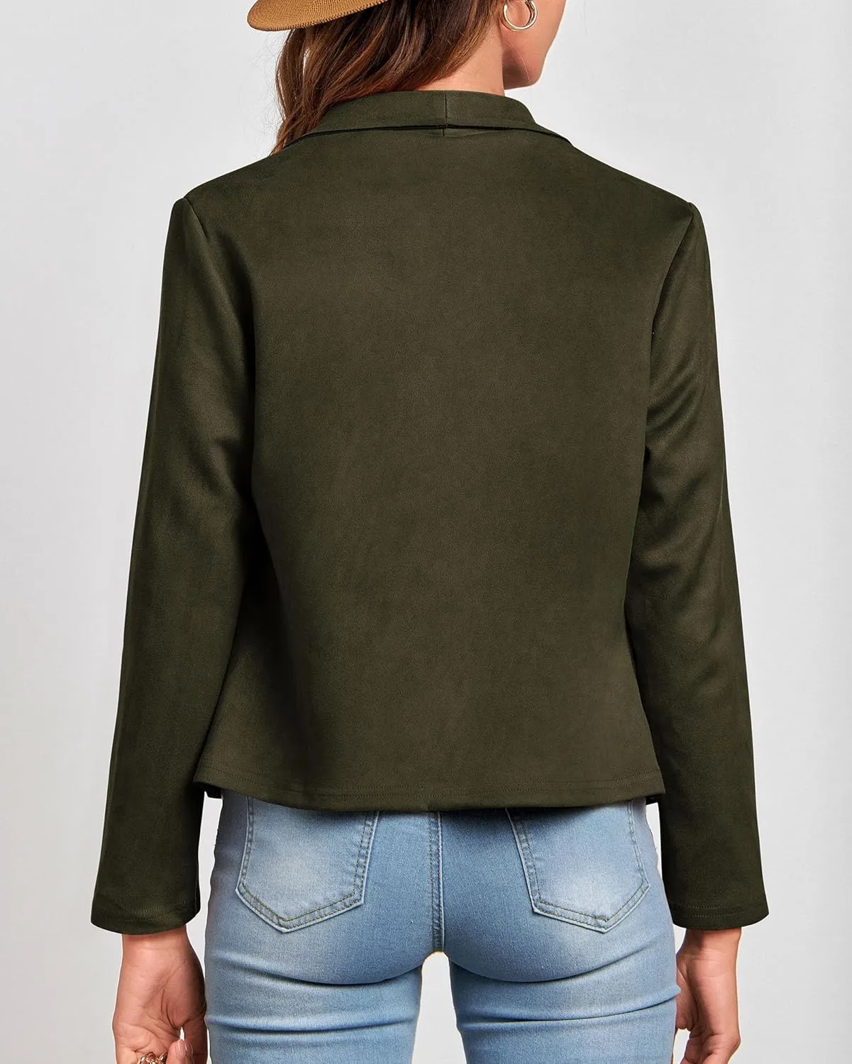 KIRUNDO Womens Fashion Faux Suede Jacket 2024 Fall Winter Casual Long Sleeve Open Front Bomber Cropped Coat Outerwear