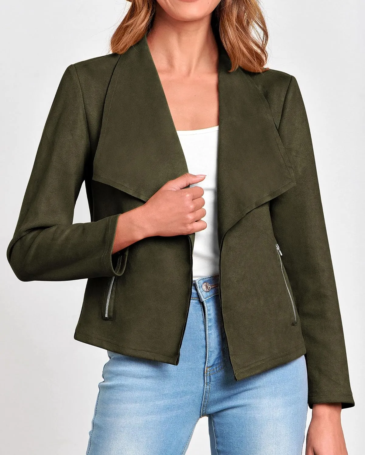 KIRUNDO Womens Fashion Faux Suede Jacket 2024 Fall Winter Casual Long Sleeve Open Front Bomber Cropped Coat Outerwear