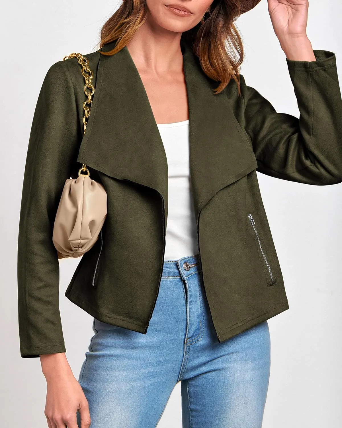 KIRUNDO Womens Fashion Faux Suede Jacket 2024 Fall Winter Casual Long Sleeve Open Front Bomber Cropped Coat Outerwear