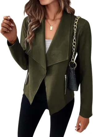 KIRUNDO Womens Fashion Faux Suede Jacket 2024 Fall Winter Casual Long Sleeve Open Front Bomber Cropped Coat Outerwear