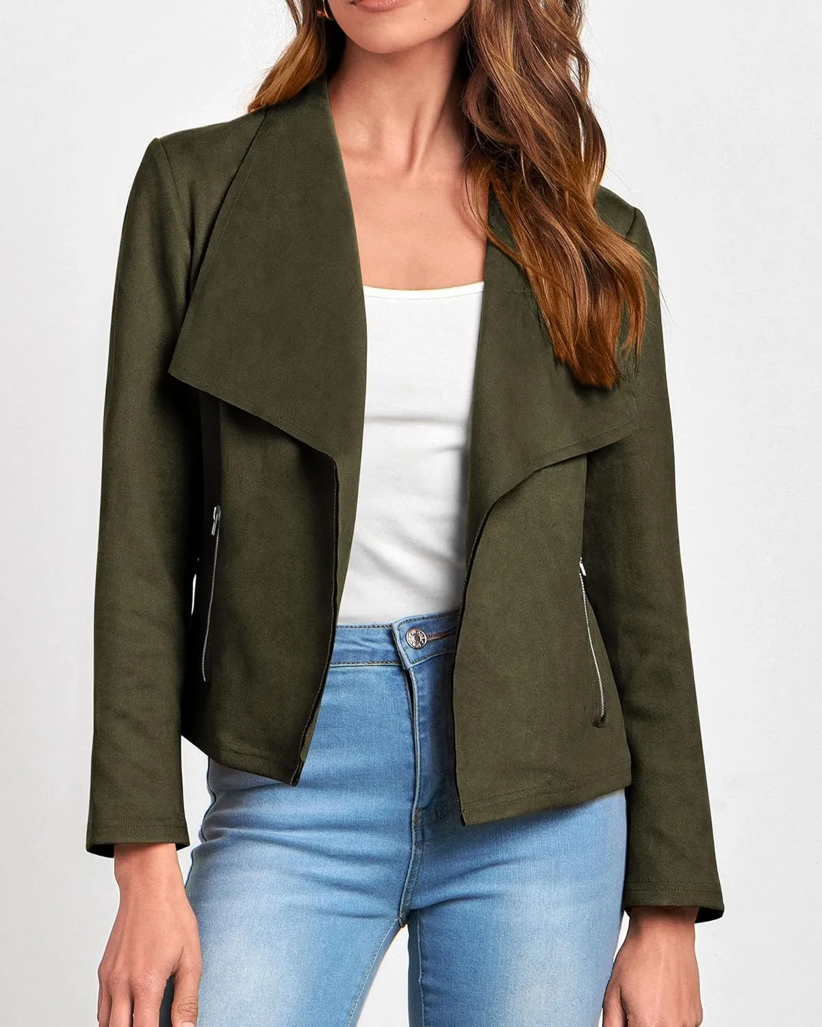 KIRUNDO Womens Fashion Faux Suede Jacket 2024 Fall Winter Casual Long Sleeve Open Front Bomber Cropped Coat Outerwear