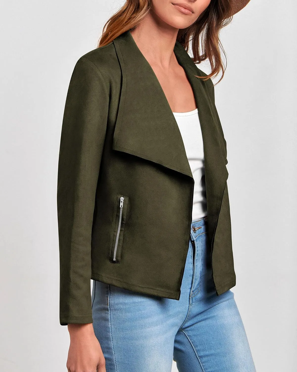 KIRUNDO Womens Fashion Faux Suede Jacket 2024 Fall Winter Casual Long Sleeve Open Front Bomber Cropped Coat Outerwear