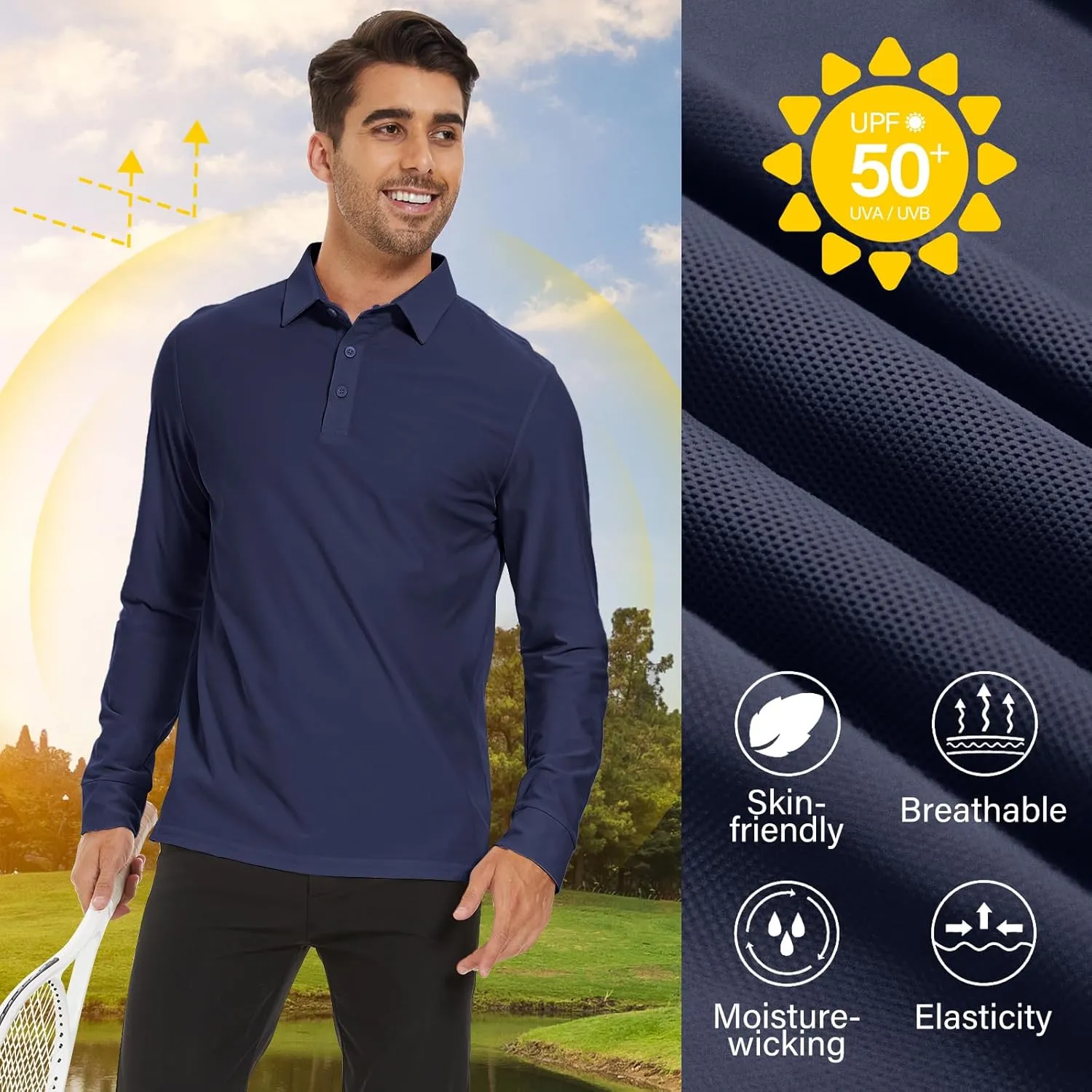 M MOTEEPI Polo for Men Long Sleeve Sun Protection Golf Shirts with Collar UPF 50  Performance Collared Fall Shirts Tennis