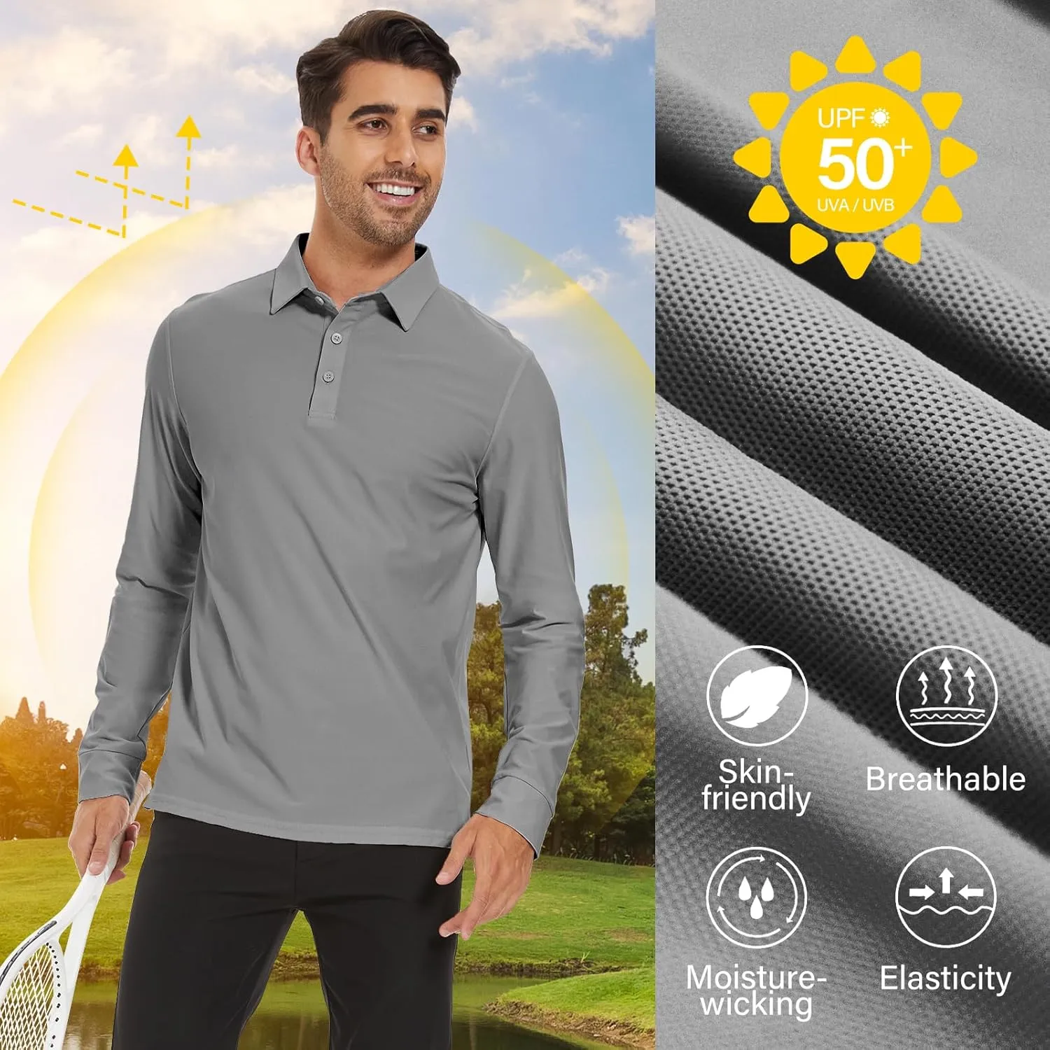 M MOTEEPI Polo for Men Long Sleeve Sun Protection Golf Shirts with Collar UPF 50  Performance Collared Fall Shirts Tennis