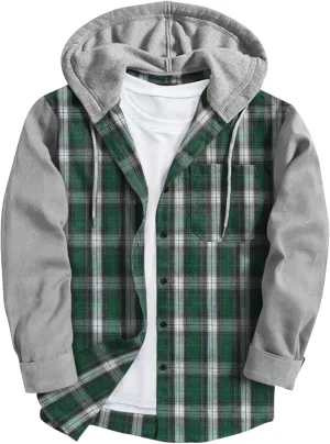 Men's Flannel Plaid Button Shirt Jackets with Hood, Casual Raglan Sleeve Checkered Hoody Shirts Fall Tops with Pocket