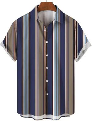 Men's Striped Hawaiian Shirts 3D Printed Fashion Button Short Sleeve Lapel Street Wear Men's Clothing
