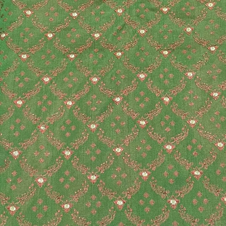 Premium Green Red Traditional Print Tanchui Jamewar Silk Fabric
