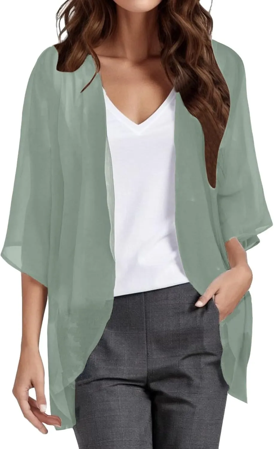 Women Chiffon Kimono Cardigan Dressy 3/4 Puff Sleeve Summer Beach Cover Up Sheer Capes Open Front Casual Shrug Blouse Tops