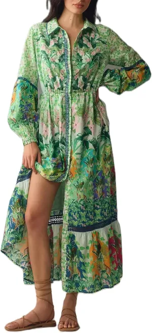 Women Graphic Puff Sleeve Maxi Dress Graffeti Button Down Shirt Dress Vintage Boho Floral Flowy Long Dress