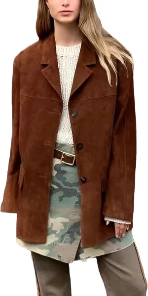 Womens Brown Suede Leather Blazer Jacket - Oversized Casual Coat Streetwear Style