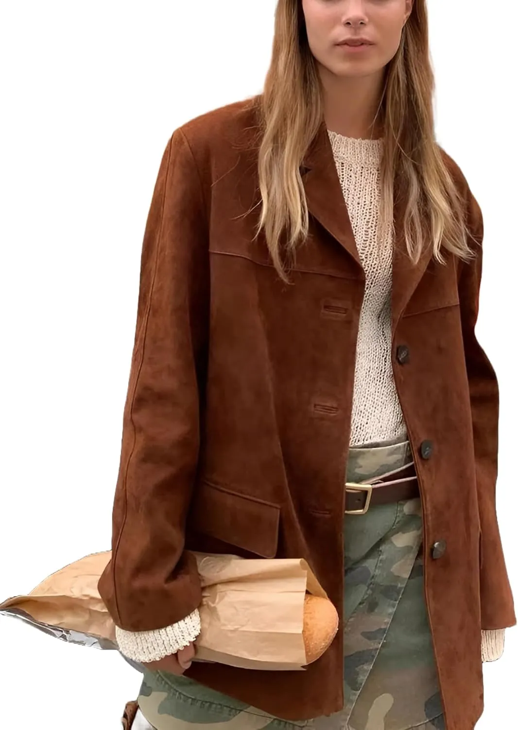 Womens Brown Suede Leather Blazer Jacket - Oversized Casual Coat Streetwear Style