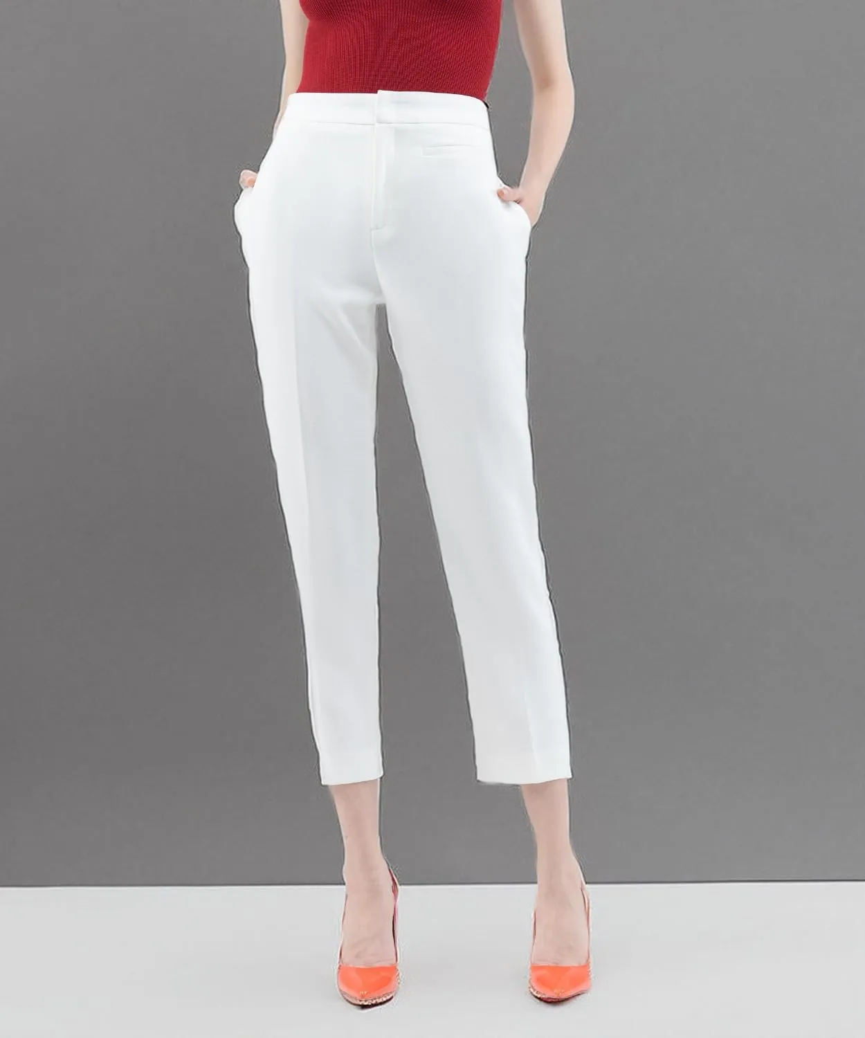 Womens Work Pants High Rise Woven Straight Leg Cropped Regular Fit Office Trousers