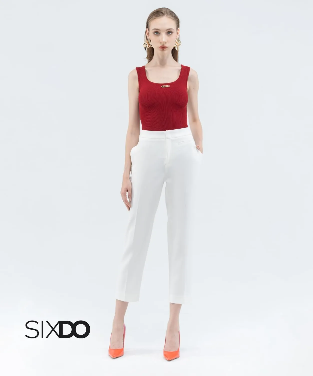 Womens Work Pants High Rise Woven Straight Leg Cropped Regular Fit Office Trousers