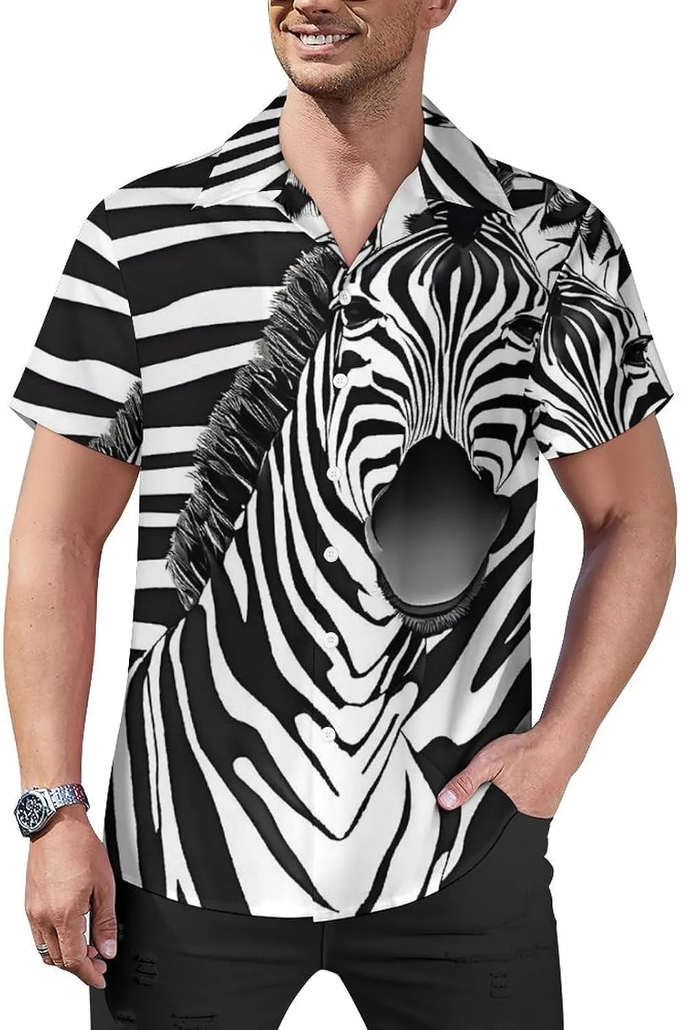 Zebra Print Print Cuban Collar Shirt Classic Design for Comfort and Style